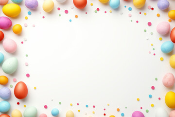 Fondo blanco con decoración de huevos de colores.