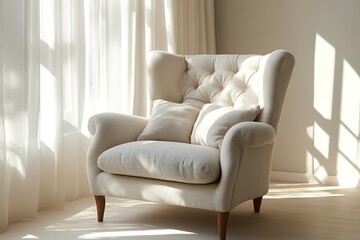 Elegant armchair bathed in soft sunlight, enhancing cozy atmosph