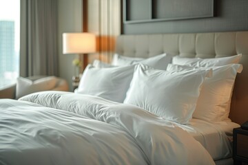 Made bed with ironed towels in luxury hotel room, close up