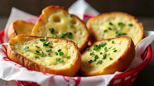 a basket filled with slices of garlic bread