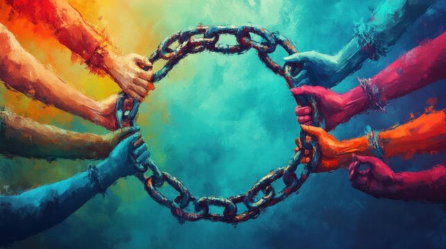 Artistic representation of a broken chain, symbolizing freedom and the fight for justice. Hands of diverse individuals united in a circle, conveying solidarity and collective strength.