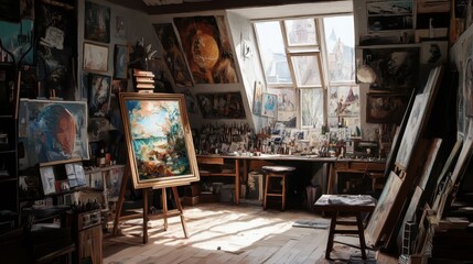 Artists studio with paintings