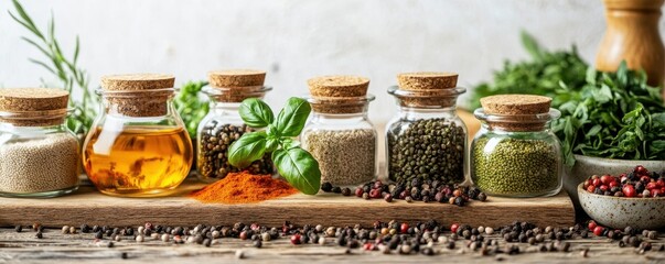 Assorted ingredients and utensils placed on wooden table during cooking process in home kitchen with white wall and minimalistic interior in natural eco friendly style