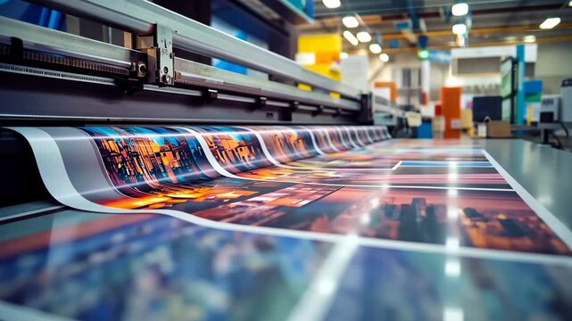 printing process as colorful, high-quality prints emerge from the machine in a busy printing facility. Witness the details and efficiency of modern printing technology