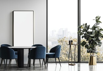 vertical blank frame leaning against the window in an elegant dining room, with modern furniture and decor
