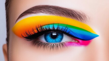 Obraz premium Woman's eye is painted with rainbow colors. The eye is blue and the colors are bright and vibrant. The eye makeup is bold and eye-catching, making the woman stand out