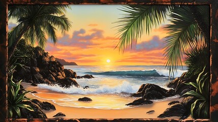 Fototapeta na wymiar Vibrant Tropical Sunset: A Stunning Realistic Oil Painting of a Peaceful Ocean Beach Scene. AI Generated