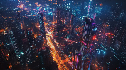 Fototapeta premium Smart digital Innovation city with connection network reciprocity over the cityscape. of future smart wireless city and social media networking systems that connects business people with in city