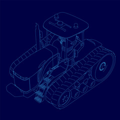 Blue drawing of a tractor with a blue outline. The tractor is shown in a cross section, with the wheels and tracks visible