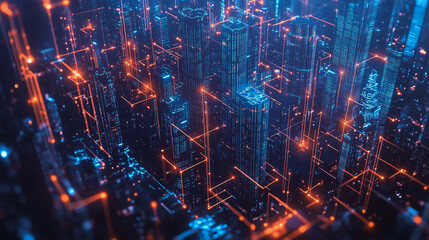 Fototapeta premium Smart digital Innovation city with connection network reciprocity over the cityscape. of future smart wireless city and social media networking systems that connects business people with in city