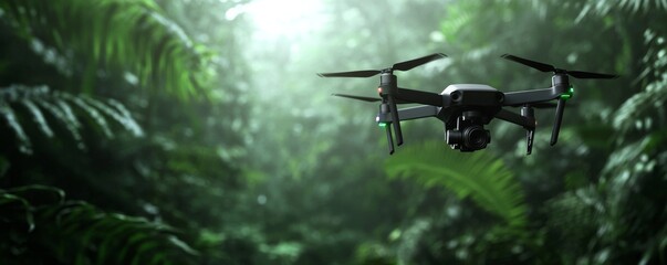 Drone flying through a lush green jungle environment.