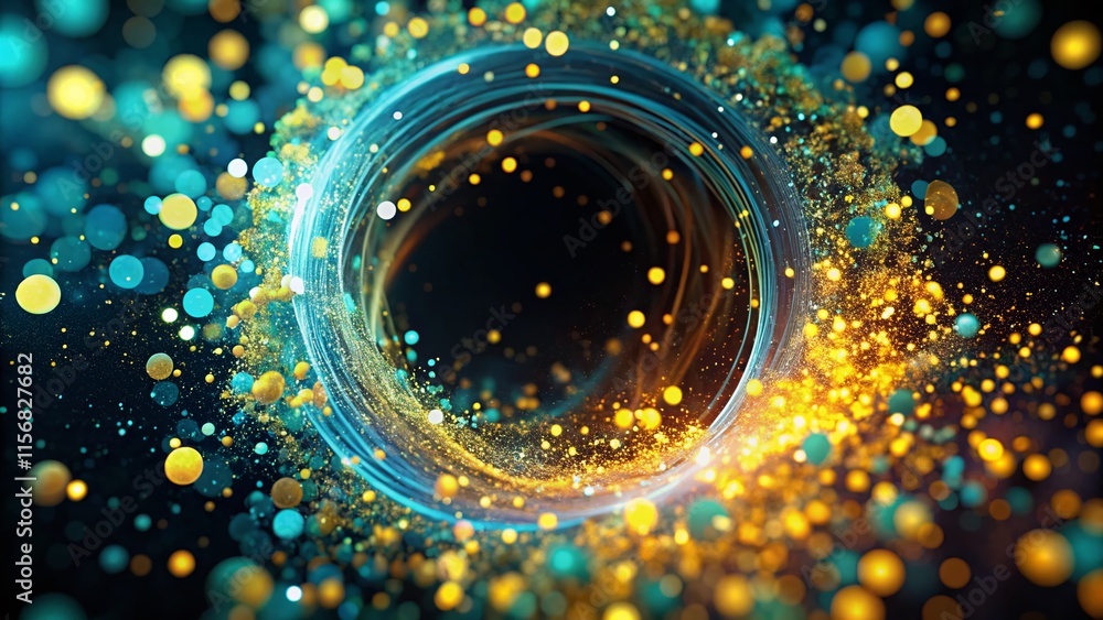 Poster abstract glowing circular motion: yellow & cyan particle double exposure