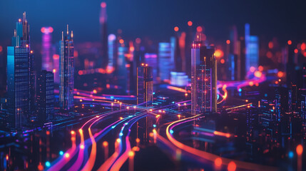 Fototapeta premium Smart digital Innovation city with connection network reciprocity over the cityscape. of future smart wireless city and social media networking systems that connects business people with in city