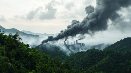 Obraz premium Industrial smoke rising over lush mountains under a cloudy sky.