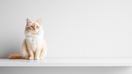Playful cat sitting on white shelf indoor setting pet photography