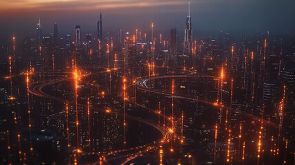 Fototapeta premium Smart digital Innovation city with connection network reciprocity over the cityscape. of future smart wireless city and social media networking systems that connects business people with in city