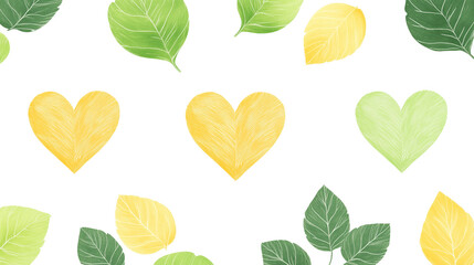 The image shows watercolor leaves and hearts on a white background
