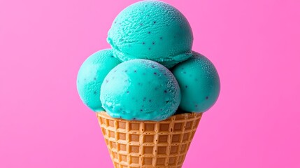Blue ice cream cone with four blue ice cream scoops in it. The cone is in a pink background