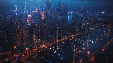 Smart digital Innovation city with connection network reciprocity over the cityscape. of future smart wireless city and social media networking systems that connects business people with in city