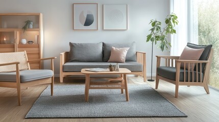 A Scandinavian living room featuring natural wood furniture, soft pastels, and modern simplicity in design