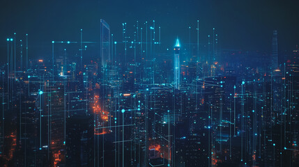 Fototapeta premium Smart digital Innovation city with connection network reciprocity over the cityscape. of future smart wireless city and social media networking systems that connects business people with in city