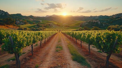 Fototapeta premium Vineyard rows at sunset, idyllic landscape.