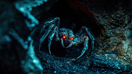 Terrifying multi-jawed monster emerges from a dark cave. Enormous claws, glowing eyes. Horror creature.