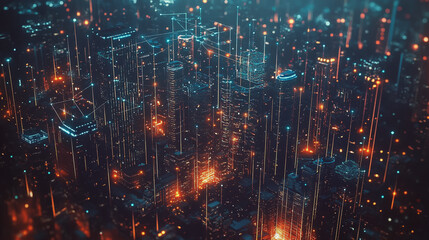 Obraz premium Smart digital Innovation city with connection network reciprocity over the cityscape. of future smart wireless city and social media networking systems that connects business people with in city