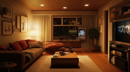 Cozy Evening in a Modern Living Room: Warm Lighting, Comfortable Furniture, and Entertainment