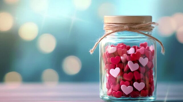 Paper pink heart in the jar with blue bokeh background copy space for Valentine Day, Mothers' Day.