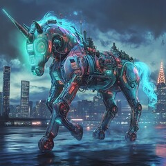 Naklejka premium Glowing Mechanical Stallion Stands Guard Over a Neon Lit Dystopian City Skyline