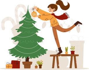 Illustration of a smiling woman in cozy winter clothes placing an ornament on a Christmas tree, surrounded by gifts and plants. Woman Decorating Christmas Tree with Ornament