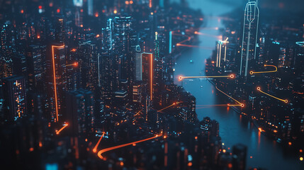 Obraz premium Smart digital Innovation city with connection network reciprocity over the cityscape. of future smart wireless city and social media networking systems that connects business people with in city