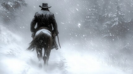 A lone cowboy rides through a snow-covered landscape, surrounded by swirling snowflakes and a misty atmosphere, evoking a sense of solitude and adventure in the wilderness.