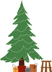 Illustration of a decorated Christmas tree with ornaments, gifts, and potted plants, showcasing a minimalist holiday style. Minimalist Christmas Tree with Gifts