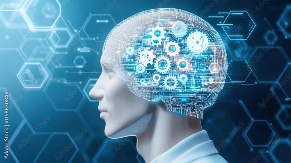 Poster artificial intelligence mind: futuristic concept of a robotic head with visible gears and digital el