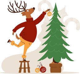 Festive cartoon of a reindeer in a cozy sweater standing on a stool to decorate a Christmas tree with ornaments. Reindeer Decorating Christmas Tree Illustration