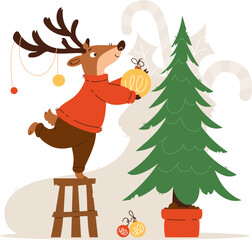 Festive cartoon of a reindeer in a cozy sweater standing on a stool to decorate a Christmas tree with ornaments. Reindeer Decorating Christmas Tree Illustration