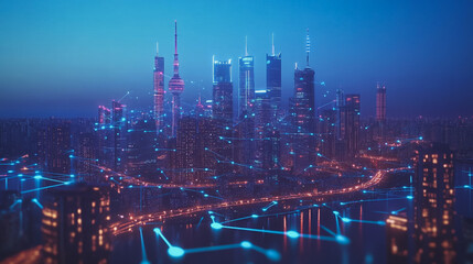 Fototapeta premium Smart digital Innovation city with connection network reciprocity over the cityscape. of future smart wireless city and social media networking systems that connects business people with in city