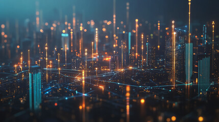 Fototapeta premium Smart digital Innovation city with connection network reciprocity over the cityscape. of future smart wireless city and social media networking systems that connects business people with in city