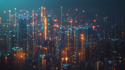 Smart digital Innovation city with connection network reciprocity over the cityscape. of future smart wireless city and social media networking systems that connects business people with in city