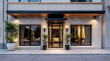 Modern Mini Hotel Facade with Glass Windows, Stone and Wood Accents, Symmetrical Design, and Warm Evening Lighting