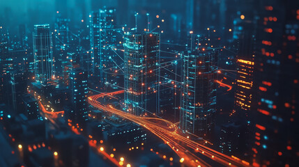 Obraz premium Smart digital Innovation city with connection network reciprocity over the cityscape. of future smart wireless city and social media networking systems that connects business people with in city