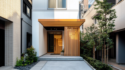 Modern Minimalist Mini Hotel Entrance Facade with Wooden Accents and Outdoor Landscaping