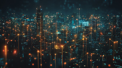 Fototapeta premium Smart digital Innovation city with connection network reciprocity over the cityscape. of future smart wireless city and social media networking systems that connects business people with in city