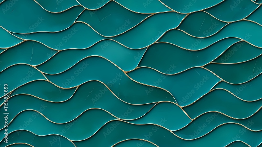 Poster the image contains an abstract pattern of teal-colored, wave-like shapes separated by thin, gold lin