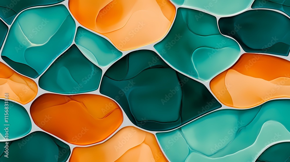 Poster the image contains an abstract pattern of teal and orange shapes, resembling stained glass or a mosa