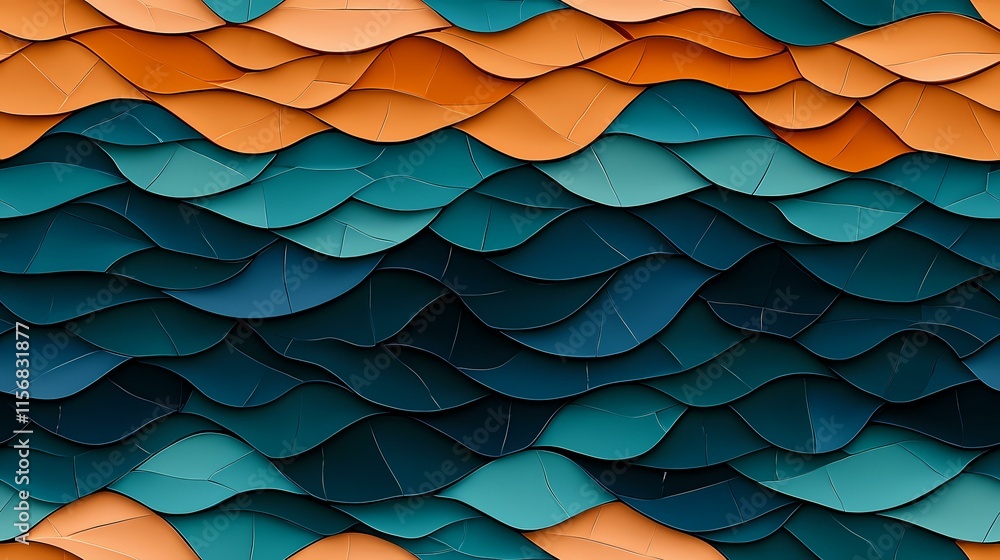 Poster the image contains an abstract pattern of overlapping, wavy shapes in shades of teal and burnt orang
