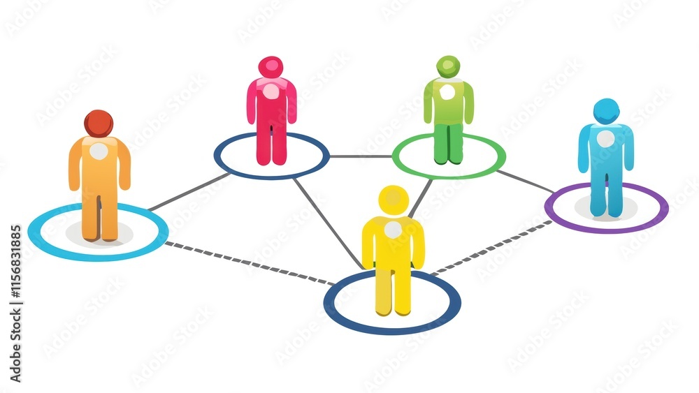 Poster a colorful illustration depicting a network of five figures connected by circles, representing colla