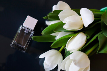 postcard design with white tulips on black background